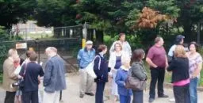 Stephen Robinson, Ros Webb, Cllrs. David Jones and Philip Firth and members of the Moulsham Lodge Action Group outside the abandoned community centre